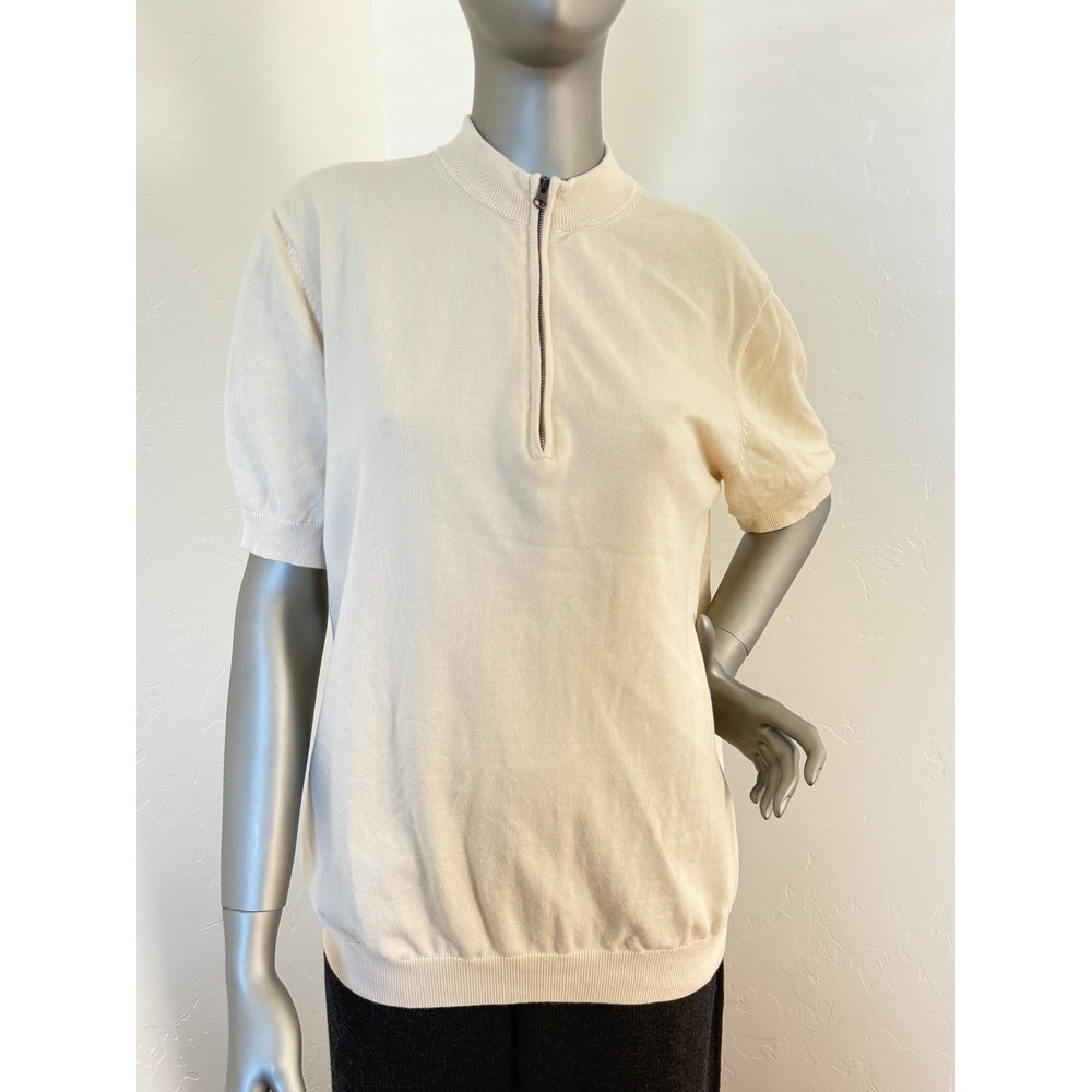 Paul‎ Fredrick Unisex Ivory Cotton Quarter-Zip Mock Neck Polo Sweater Minimalist